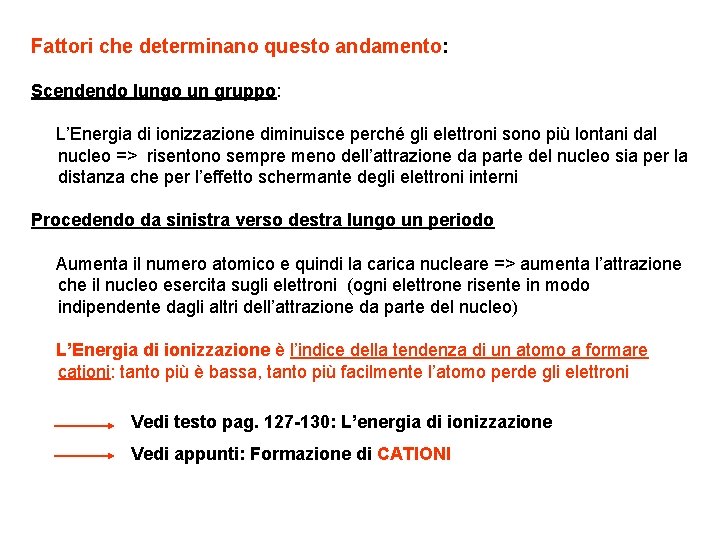 Fattori che determinano questo andamento: Scendendo lungo un gruppo: L’Energia di ionizzazione diminuisce perché