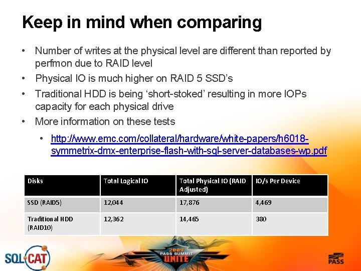 Keep in mind when comparing • Number of writes at the physical level are