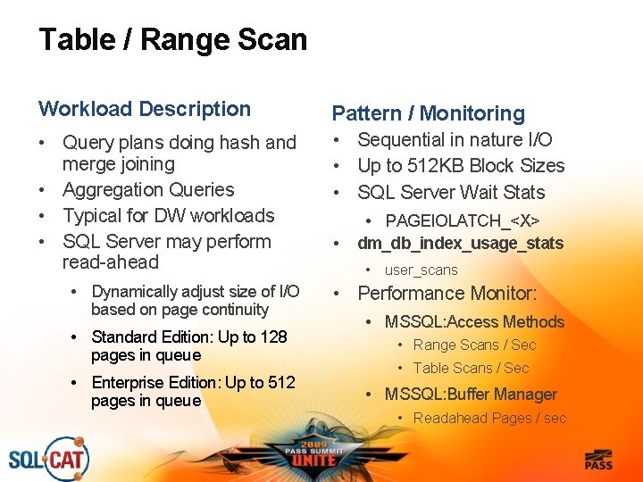 Table / Range Scan Workload Description Pattern / Monitoring • Query plans doing hash