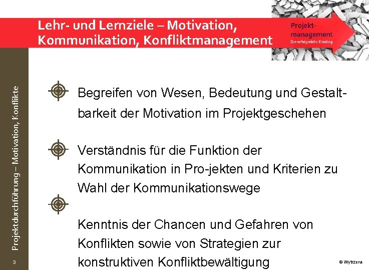 Projektdurchführung – Motivation, Konflikte Lehr- und Lernziele – Motivation, Kommunikation, Konfliktmanagement 3 Begreifen von