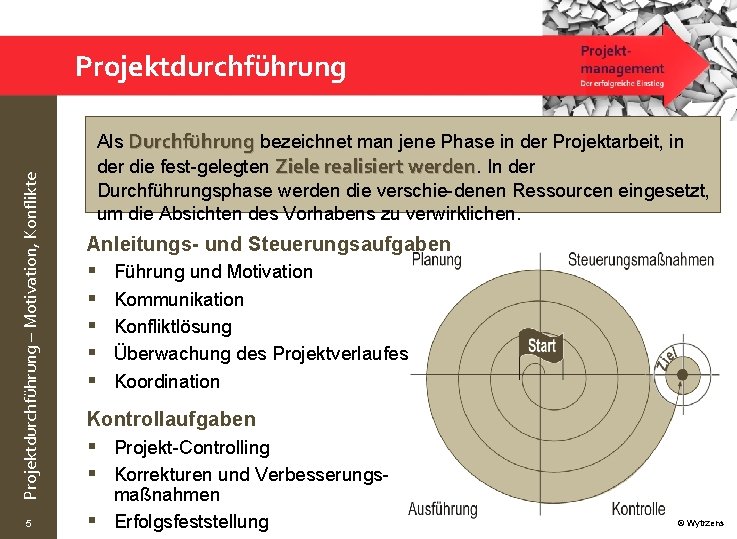 Projektdurchführung – Motivation, Konflikte Projektdurchführung 5 Als Durchführung bezeichnet man jene Phase in der