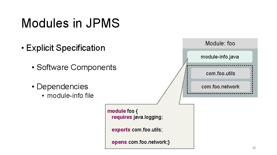 Modules in JPMS Module: foo • Explicit Specification module-info. java • Software Components •