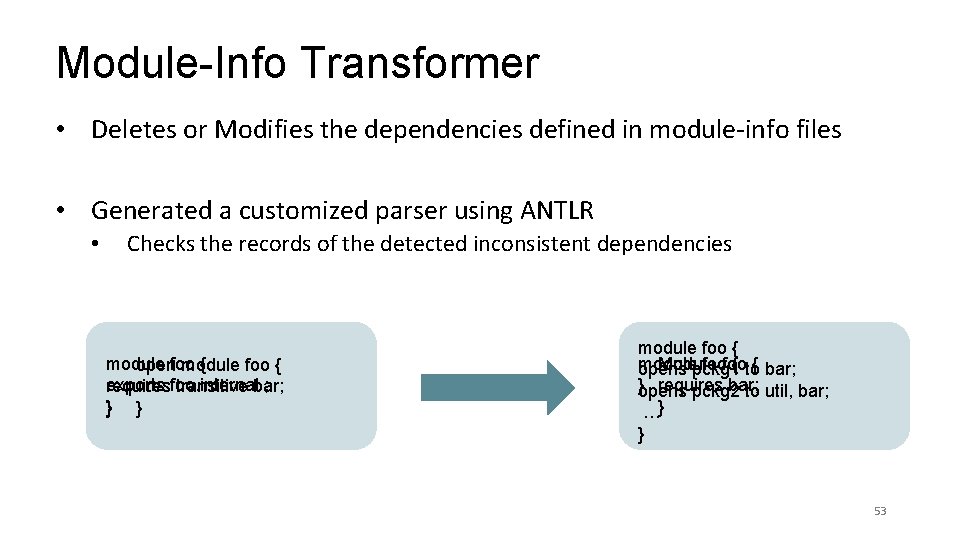 Module-Info Transformer • Deletes or Modifies the dependencies defined in module-info files • Generated