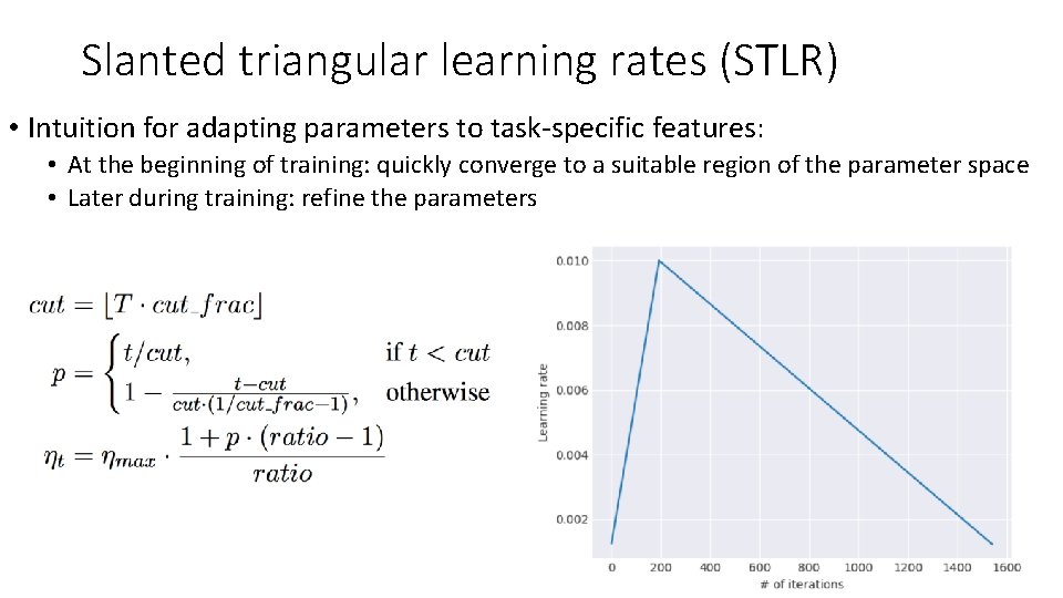Slanted triangular learning rates (STLR) • Intuition for adapting parameters to task-specific features: •