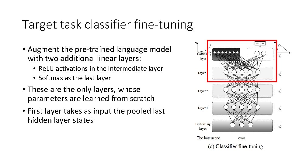 Target task classifier fine-tuning • Augment the pre-trained language model with two additional linear