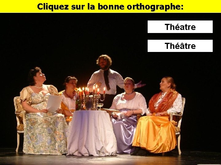 Cliquez sur la bonne orthographe: Théatre Théâtre 