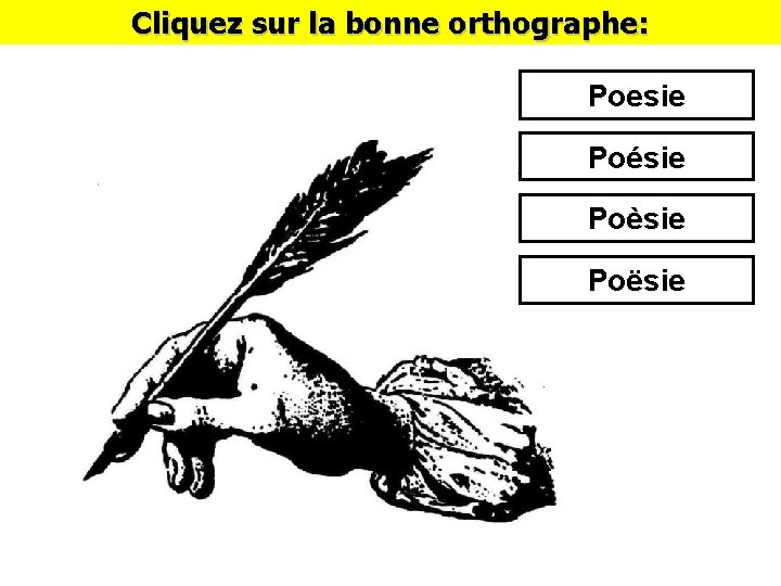 Cliquez sur la bonne orthographe: Poesie Poésie Poèsie Poësie 