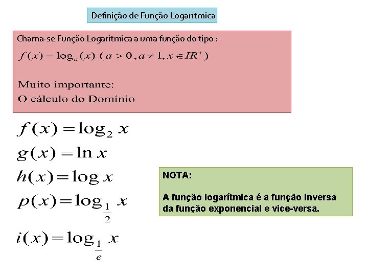 Definição de Função Logarítmica Chama-se Função Logarítmica a uma função do tipo : NOTA: