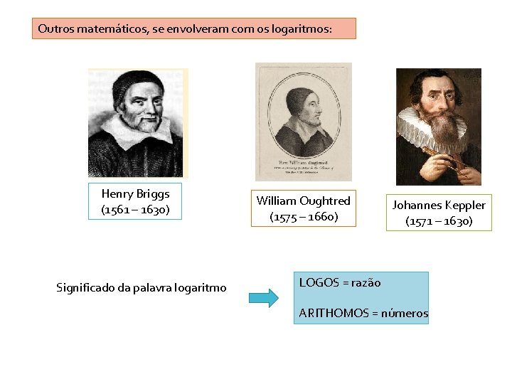 Outros matemáticos, se envolveram com os logaritmos: Henry Briggs (1561 – 1630) Significado da