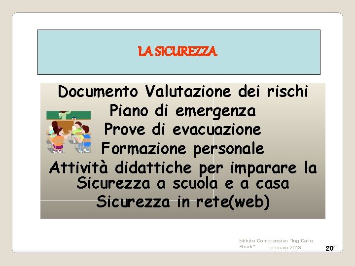 LA SICUREZZA Documento Valutazione dei rischi Piano di emergenza Prove di evacuazione Formazione personale