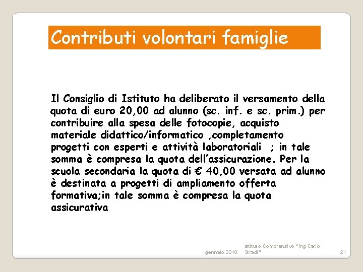 Contributi volontari famiglie Il Consiglio di Istituto ha deliberato il versamento della quota di