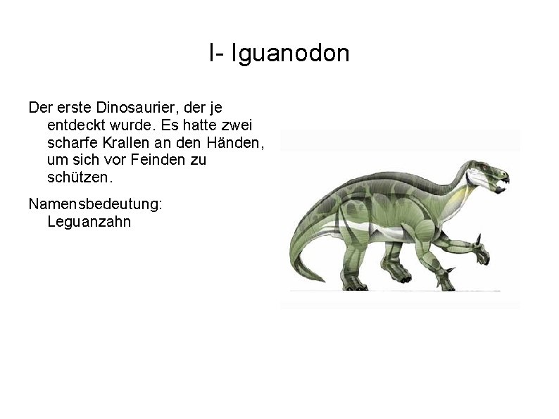 I- Iguanodon Der erste Dinosaurier, der je entdeckt wurde. Es hatte zwei scharfe Krallen