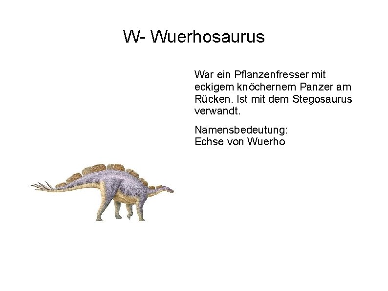 W- Wuerhosaurus War ein Pflanzenfresser mit eckigem knöchernem Panzer am Rücken. Ist mit dem