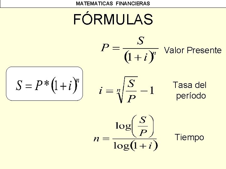 MATEMATICAS FINANCIERAS FÓRMULAS Valor Presente Tasa del período Tiempo 