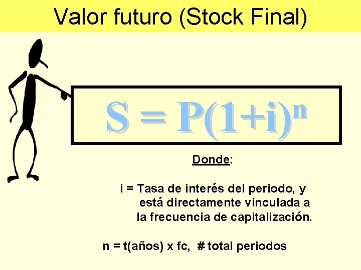 MATEMATICAS FINANCIERAS Valor futuro (Stock Final) S= n P(1+i) Donde: i = Tasa de