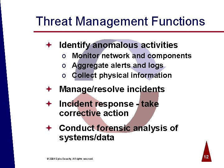 Threat Management Functions ª Identify anomalous activities o Monitor network and components o Aggregate