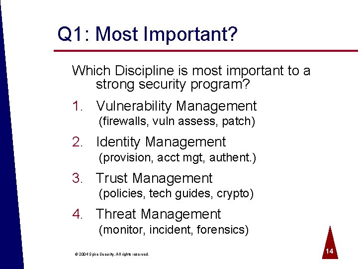 Q 1: Most Important? Which Discipline is most important to a strong security program?