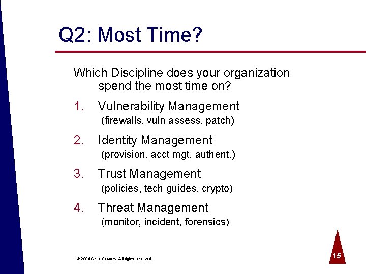 Q 2: Most Time? Which Discipline does your organization spend the most time on?