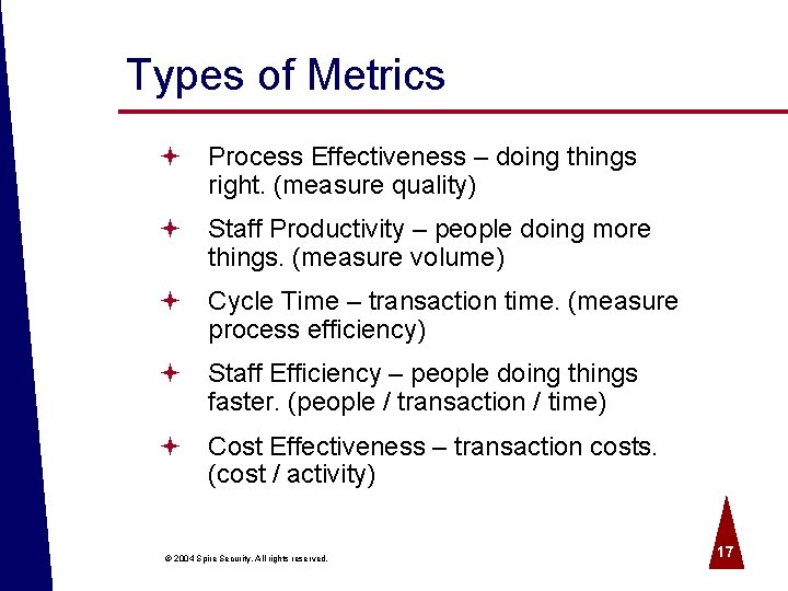 Types of Metrics ª Process Effectiveness – doing things right. (measure quality) ª Staff