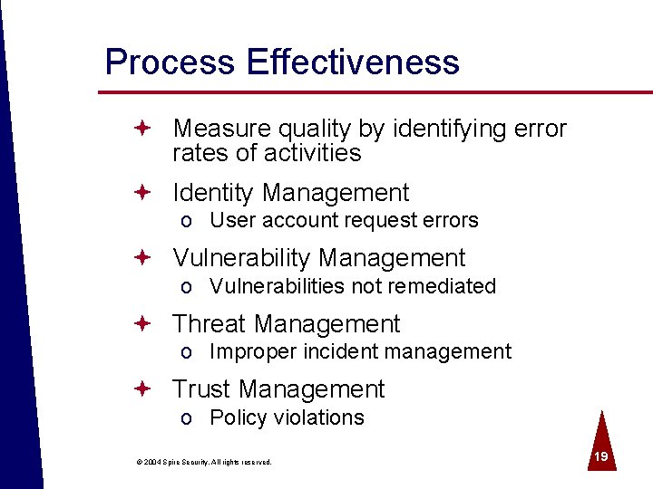 Process Effectiveness ª Measure quality by identifying error rates of activities ª Identity Management