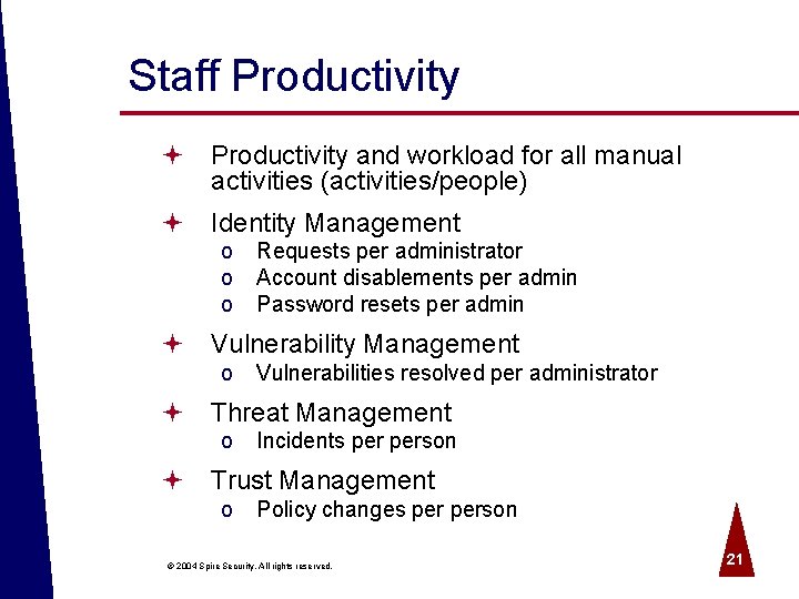 Staff Productivity ª Productivity and workload for all manual activities (activities/people) ª Identity Management