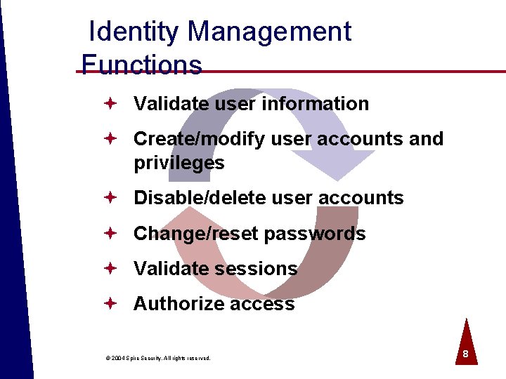  Identity Management Functions ª Validate user information ª Create/modify user accounts and privileges