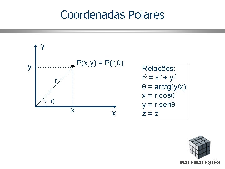 Coordenadas Polares y P(x, y) = P(r, ) y r x x Relações: r