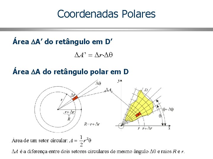 Coordenadas Polares Área A’ do retângulo em D’ Área A do retângulo polar em