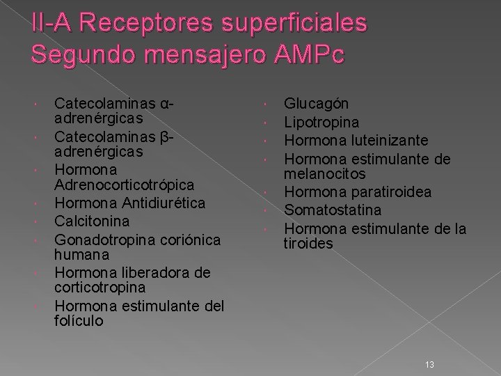 II-A Receptores superficiales Segundo mensajero AMPc Catecolaminas αadrenérgicas Catecolaminas βadrenérgicas Hormona Adrenocorticotrópica Hormona Antidiurética