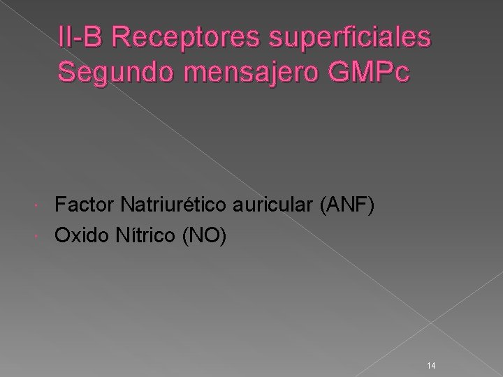 II-B Receptores superficiales Segundo mensajero GMPc Factor Natriurético auricular (ANF) Oxido Nítrico (NO) 14