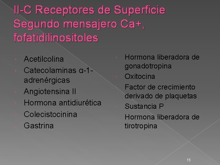 II-C Receptores de Superficie Segundo mensajero Ca+, fofatidilinositoles Acetilcolina Catecolaminas α-1 adrenérgicas Angiotensina II