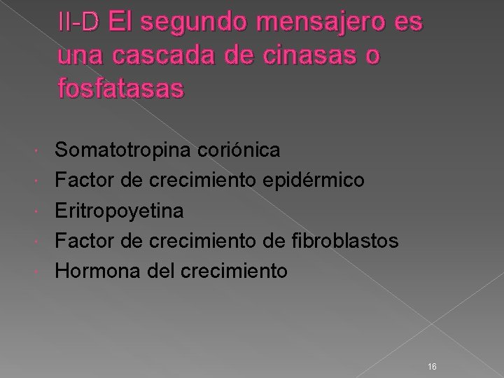 II-D El segundo mensajero es una cascada de cinasas o fosfatasas Somatotropina coriónica Factor