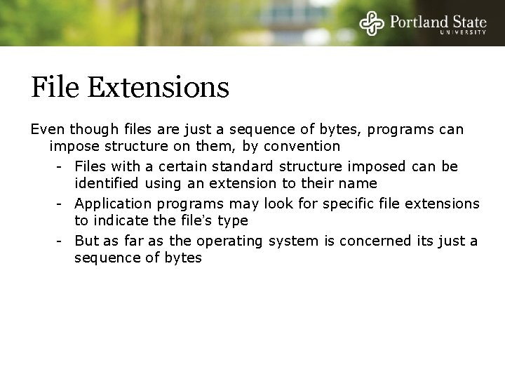 File Extensions Even though files are just a sequence of bytes, programs can impose