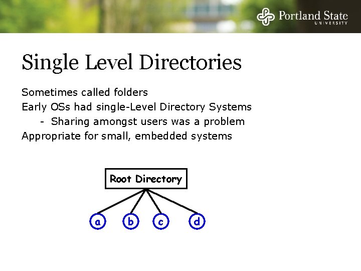 Single Level Directories Sometimes called folders Early OSs had single-Level Directory Systems - Sharing