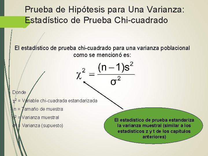 Prueba de Hipótesis para Una Varianza: Estadístico de Prueba Chi-cuadrado El estadístico de prueba Prueba de Hipótesis para Una Varianza: Estadístico de Prueba Chi-cuadrado El estadístico de prueba