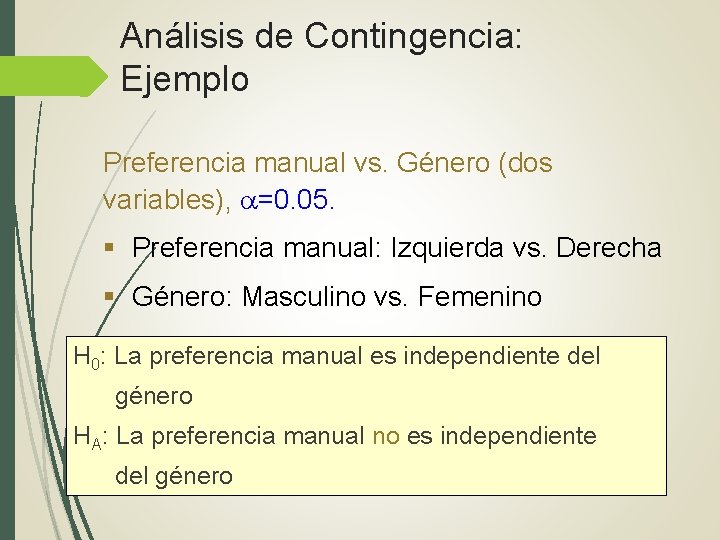 Análisis de Contingencia: Ejemplo Preferencia manual vs. Género (dos variables), =0. 05. § Preferencia Análisis de Contingencia: Ejemplo Preferencia manual vs. Género (dos variables), =0. 05. § Preferencia