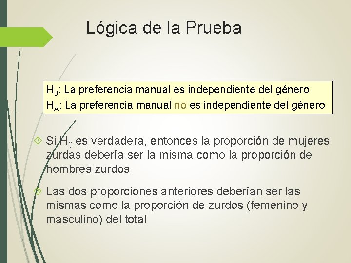 Lógica de la Prueba H 0: La preferencia manual es independiente del género HA: Lógica de la Prueba H 0: La preferencia manual es independiente del género HA: