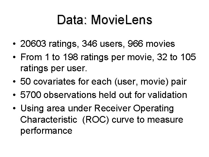 Data: Movie. Lens • 20603 ratings, 346 users, 966 movies • From 1 to