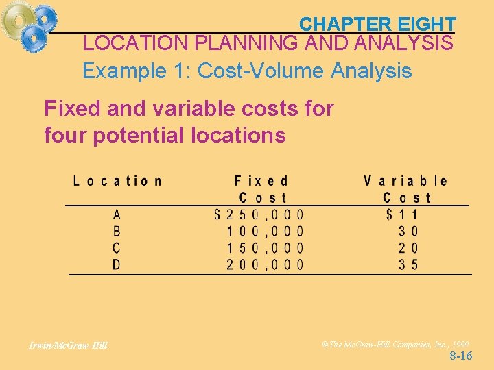 CHAPTER EIGHT LOCATION PLANNING AND ANALYSIS Example 1: Cost-Volume Analysis Fixed and variable costs CHAPTER EIGHT LOCATION PLANNING AND ANALYSIS Example 1: Cost-Volume Analysis Fixed and variable costs