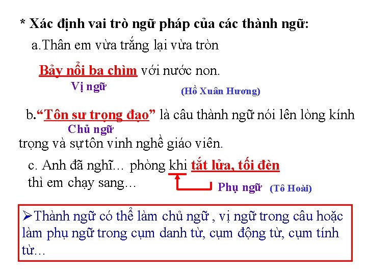 * Xác định vai trò ngữ pháp của các thành ngữ: a. Thân em * Xác định vai trò ngữ pháp của các thành ngữ: a. Thân em