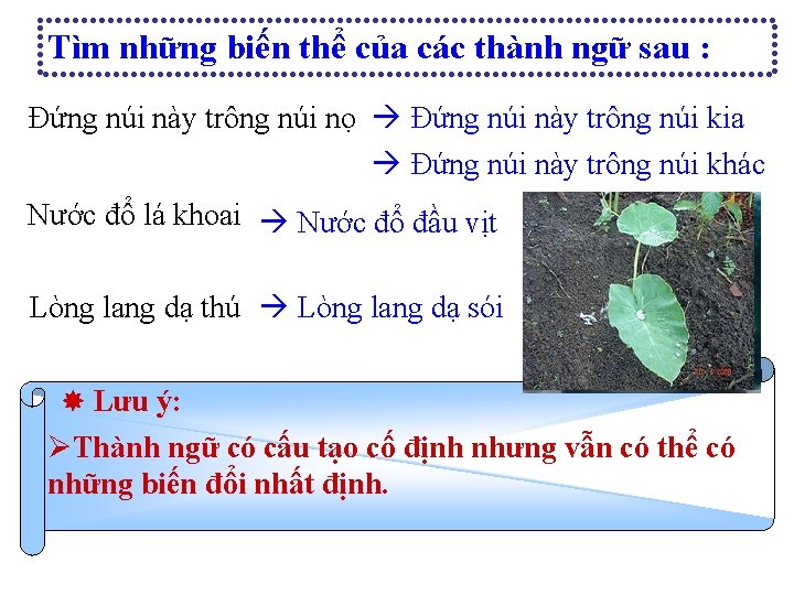 Tìm những biến thể của các thành ngữ sau : Đứng núi này trông Tìm những biến thể của các thành ngữ sau : Đứng núi này trông