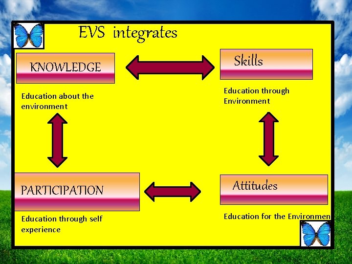 EVS integrates KNOWLEDGE Education about the environment PARTICIPATION Education through self experience Skills Education
