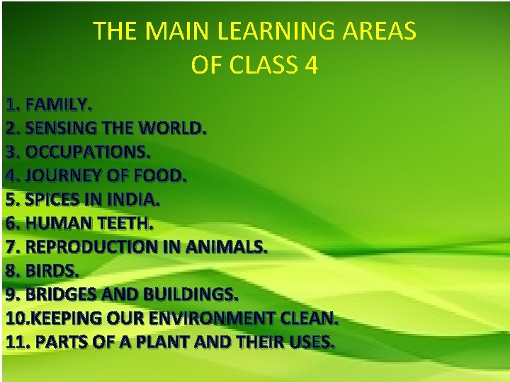THE MAIN LEARNING AREAS OF CLASS 4 1. FAMILY. 2. SENSING THE WORLD. 3.