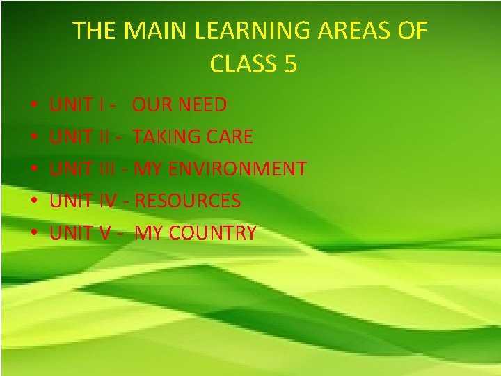 THE MAIN LEARNING AREAS OF CLASS 5 • • • UNIT I - OUR