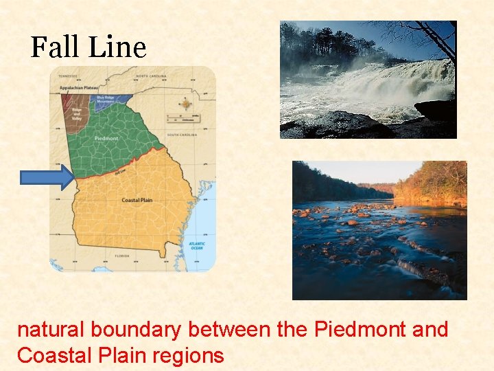 Fall Line natural boundary between the Piedmont and Coastal Plain regions 