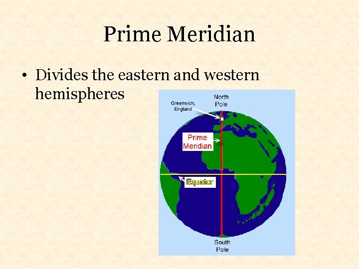 Prime Meridian • Divides the eastern and western hemispheres 