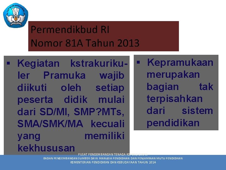 Permendikbud RI Nomor 81 A Tahun 2013 § Kegiatan kstrakuriku- § Kepramukaan merupakan ler