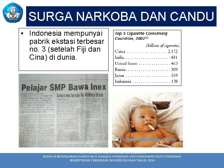 SURGA NARKOBA DAN CANDU • Indonesia mempunyai pabrik ekstasi terbesar no. 3 (setelah Fiji