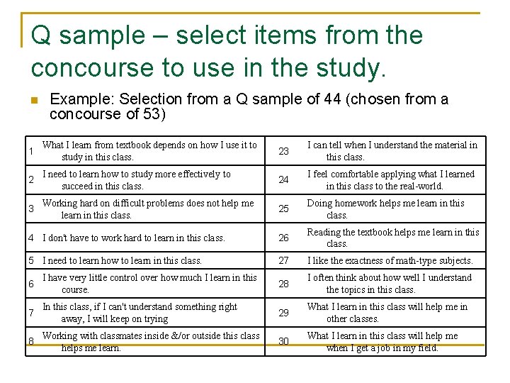 Q sample – select items from the concourse to use in the study. n