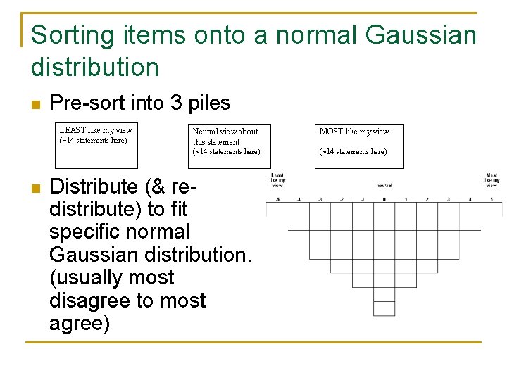 Sorting items onto a normal Gaussian distribution n Pre-sort into 3 piles LEAST like